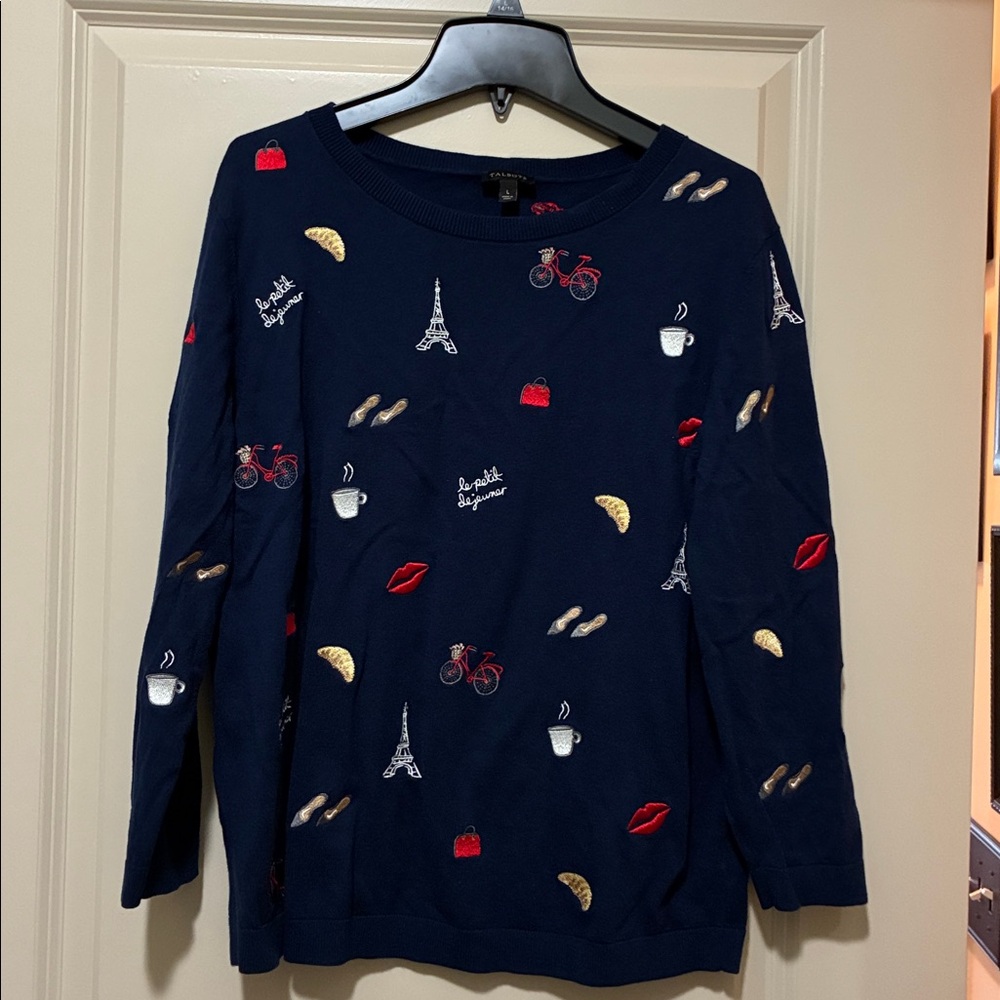 Talbots Navy Crewneck Sweater with Parisian Embroidered Motifs. Size L.